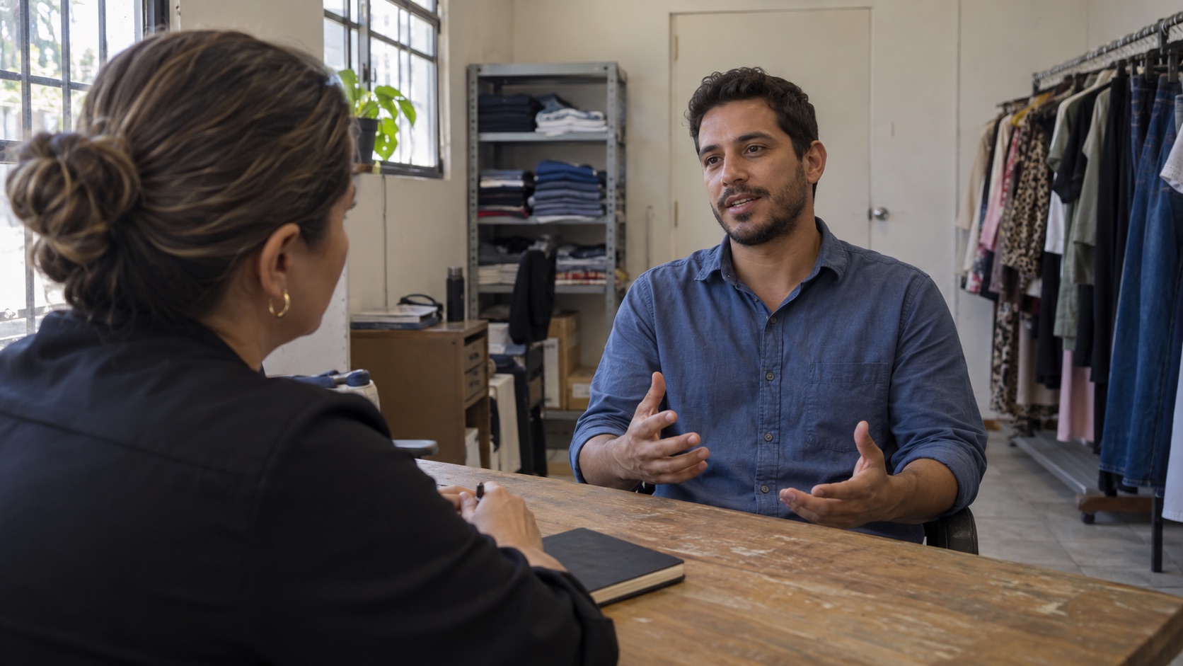 Candidato conversa com a responsável pela seleção no escritório de uma loja.